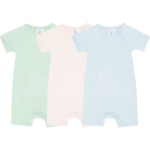 3-Pack Baby Boys Girls Summer lightweight One-piece Rompers – Short Sleeve Shortalls with Pocket, Soft Outfit for Playtime