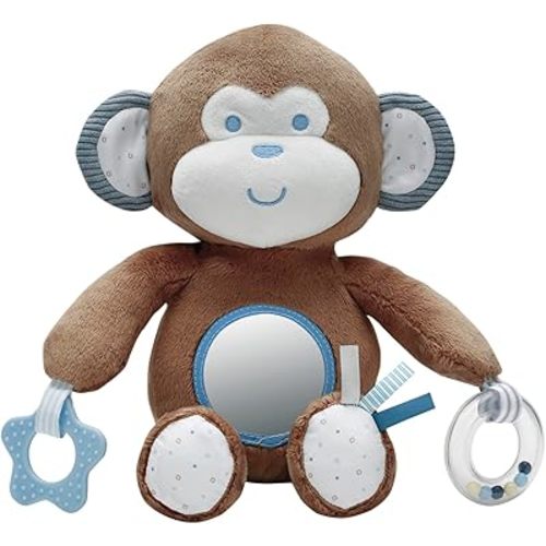 Plush 12.5 inch Monkey Interactive Toy with Baby Mirror, Teether, Rattle, Brown (9 inch Seated)