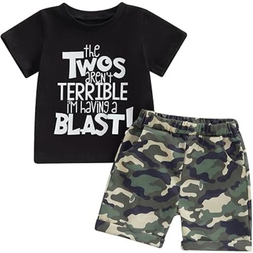 Fernvia Toddler Baby Boy 2nd Birthday Outfit Letter Print Short Sleeve T-shirt Elastic Camouflage Shorts Summer Clothes