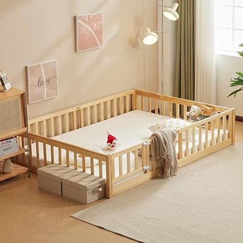 Karl home Toddler Floor Bed with Door and Fence for Kids, Montessori Bed with 12 Slats and Safety Guardrails, Kids Bed Solid Wood Queen Bed Frame for Girls, Boys (Natural)