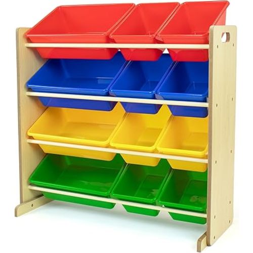 Humble Crew Kids' Toy Storage Organizer with 12 Plastic Bins, Natural/Primary, Model Number: WO560