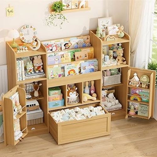 FOTOSOK Toy Storage Organizer with 2 Doors and Movable Drawer, 55.2'' W Toy Organizers and Storage with 9 Cubbies, Kids Bookshelf with Toy Shelf, Playroom Storage Toy Chest Cabinet for Playroom