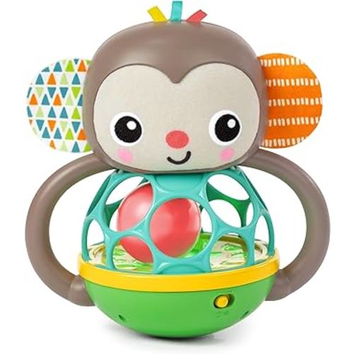 Bright Starts Grab & Giggle Monkey Light-Up Musical Rattle Toy with Easy-Grasp Oball, Ages 6 Months+, Unisex