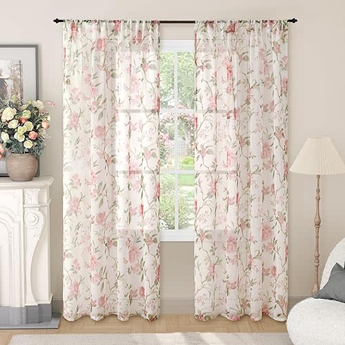 Floral Sheer Curtains for Girls Bedroom, Vintage Farmhouse Light Filtering Privacy Semi-Sheer Linen Curtains for Kids Nursery 72 Inches Long 2 Panels, Rod Pocket, Pink, Each 52 Inch Wide
