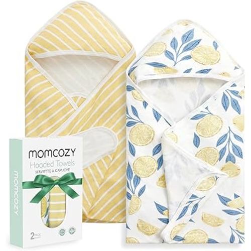Momcozy Baby Hooded Towel, 2 Pack Baby Towel Set, Super Soft Bath Towel with Original Design, Shower Gifts for Infant, Toddler (28 X 28 Inch, Lemon Leaves)