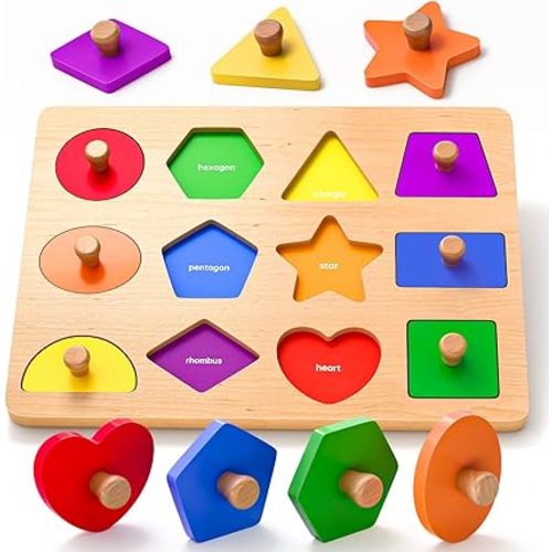 Wooden Shape Peg Puzzles for Toddlers 1 2 3 Year Old Boys Girls Gifts: Shape Sorter & Color Match Baby Puzzles 12-18-24 Months - Montessori Toys for 1 2 3 Year Old Toddler Learning Activities