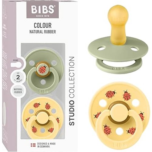 BIBS Studio Soother 2-Pack, BPA Free Dummy Pacifier, Round Nipple. Natural Rubber Latex, Made in Denmark, Size 2 (6-18 Months), Sage/Pale Butter