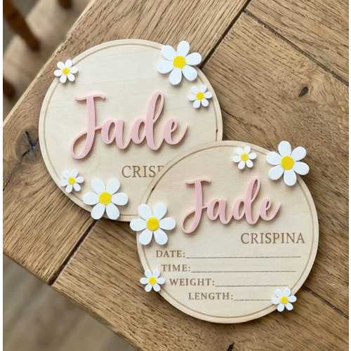 Personalized Daisy Flower Baby Birth Stats Sign, Acrylic Name Board, Newborn Photo Prop, Baby Shower Gift Nursery Decor Engraved