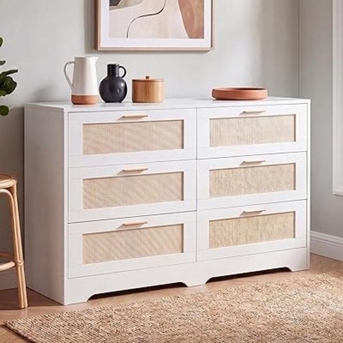 Dresser for Bedroom 6 Drawer White Dresser Bedroom Furniture Storage for Bedroom Living Room Hallway, High Weight Capacity 300lbs, Imitation Weave with Gold Handles