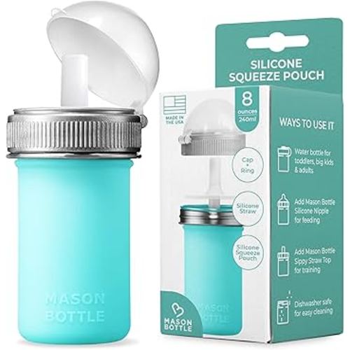 Mason Bottle 8oz Silicone Squeeze Pouch with Straw – Reusable Baby Food and Snack Pouch for Toddlers – Soft Food and Liquid Bottle - BPA & BPS-Free, Non-Toxic, Made in USA (Teal)