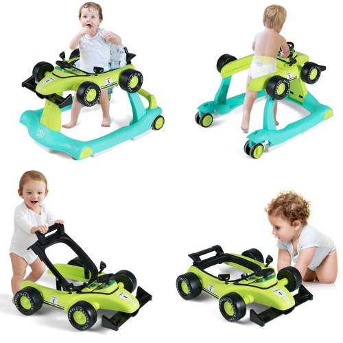 Costway 4-in-1 Baby Walker Foldable Activity Walker with Adjustable Height & Speed Blue + Green