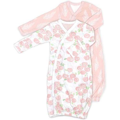 Cambria Baby 100% Organic Kimono Gowns. Side Snaps with Built in Mitts. (0-6 Months, Roses and Feathers)