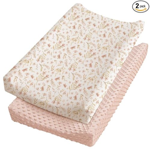 Konssy Minky Changing Pad Cover 2 Pack, Soft Minky Dots Plush Diaper Changing Table Cover Set, Breathable Changing Pad Sheets for Baby Girls Boys (Pink Spring, Blush)