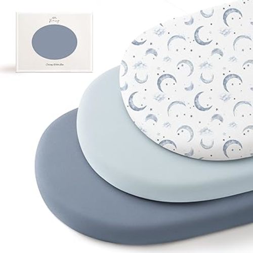 Konssy 3 Pack Stretchy Bassinet Sheets for Baby Girl Boy, Soft Breathable Baby Bassinet Mattress Sheets Fit for Hourglass Oval Cradle, Moses Basket Rectangle Mattress (Blue Moon)