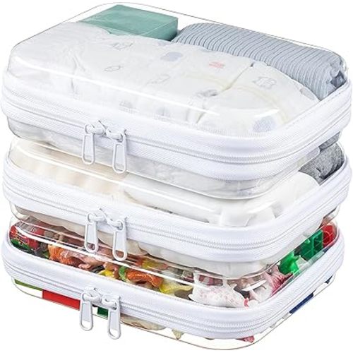 3-Pack Medium Clear Hard Shell Zipper Pouches, Clear Zipper Bags, Hard Case Pouches for Purse & Diaper Bag Organizer,and Travel Essentials (3M