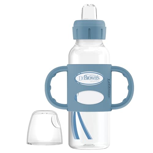 Dr. Brown's Milestones Narrow Sippy Spout Bottle with Handles, Blue, 1-Pack | Transition from nipple to sippy with the bottle baby loves, 100% silicone easy-grip handles and sippy spout, 8 oz, 6m+