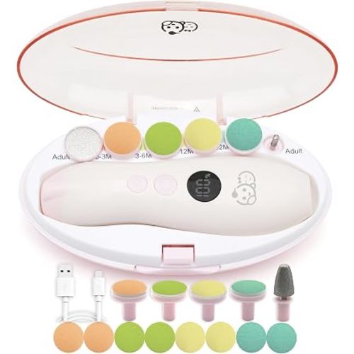 Royal Angels Rechargeable 22 in 1 Baby Nail Trimmer with LCD Display, Labeled Case, 13 Extra Pads, 4 Speed Settings, Safe Quiet LED Light Electric Baby Nail File Kit for Newborns Toddlers (WhitePink)