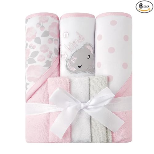 Viviland Baby Towels and Baby Wash Cloths Set Hooded Baby Towels Baby Wipes Absorbent Bath Face Towels Burp Cloths or Face Towels for Girl Boy 6-Pack Size 28 x 28 Inch(Elephant Flower)