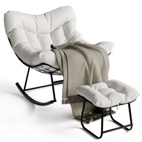 Patio Rocking Chair with Ottoman, Outdoor Indoor Rocking Egg Chair with Cushions, Metal Lounge Chair Oversized Papasan Chair for Porch Garden,Beige