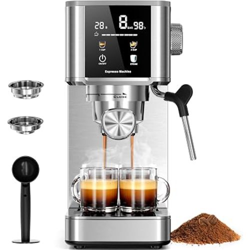 Kismile Espresso Machine with LED Screen & Milk Frother, Stainless Steel Coffee Maker with Thermo Block Heating & Pre-Brew System, Customizable Shot Memory, Ideal Gift for Baristas