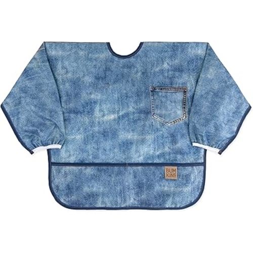 Bumkins Sleeved Bib for Girl or Boy, Baby and Toddler for 6-24 Mos, Essential Must Have for Eating, Feeding, Baby Led Weaning Supplies, Long Sleeve Mess Saving Food Catcher, Soft Fabric, Faux Denim