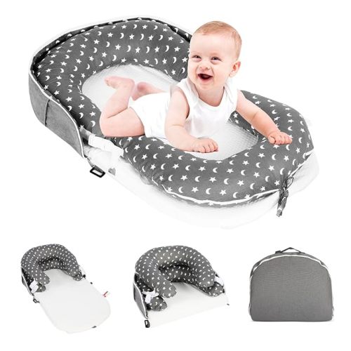 Portable Baby Lounger & Tummy Time with Zip-Up Carry Bag, Infant Support Cushion for Newborns to Toddlers (Starsmoon)