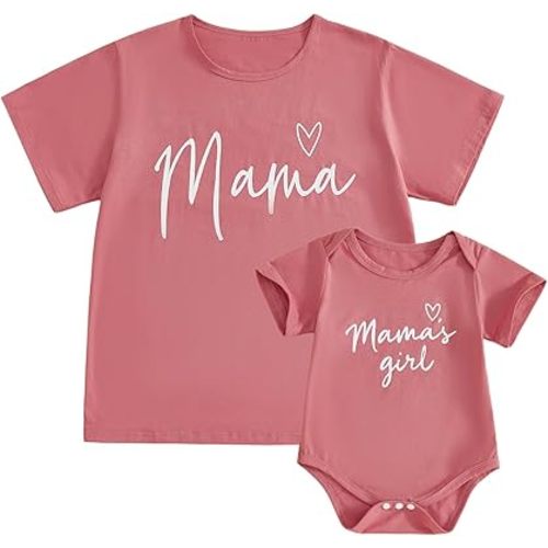 Mom and Daughter Matching Outfits Letter Heart Graphic Short Sleeve Baby Romper Mama Tee Mommy and Me Shirt