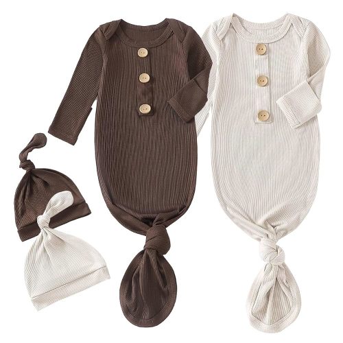 OPAWO Knotted Gown Baby Newborn Sleepers Baby Boy Coming Home Outfit, Bamboo Viscose Baby Gowns with Mitten Cuffs and Hat Set