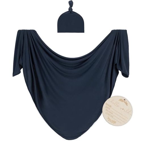 Large Jersey Knitted Swaddle Blanket for Baby, Soft Stretchy Receiving Blanket for Newborns with Hat, Baby Nursery Swaddle 47 x 47 inches(Navy)