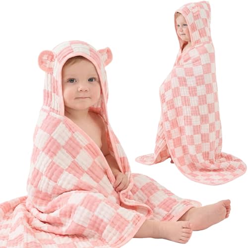 Muslin Toddler Bath Towels Organic Cotton Blend (Pink Check,55x28) | 55x28 Inches, Ultra Soft Jacquard, 6-Layer, Snap Buttons Bath Poncho, Baby Beach Towel, Premium Shower, Curated Gift Box