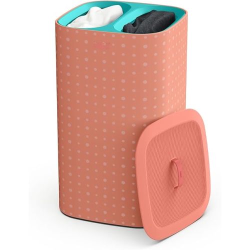 Joseph Joseph Tota Pop 60 liter/15.8 gallon Laundry Hamper Separation Basket with lid, 2 Removable Washing Bags with Handles- Coral/Green