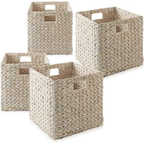 Casafield 12" x 12" Hyacinth Storage Baskets, Whitewash - Set of 4 Storage Organizers, Woven Wicker Cubes for Bathroom, Bedroom, Laundry, Shelves