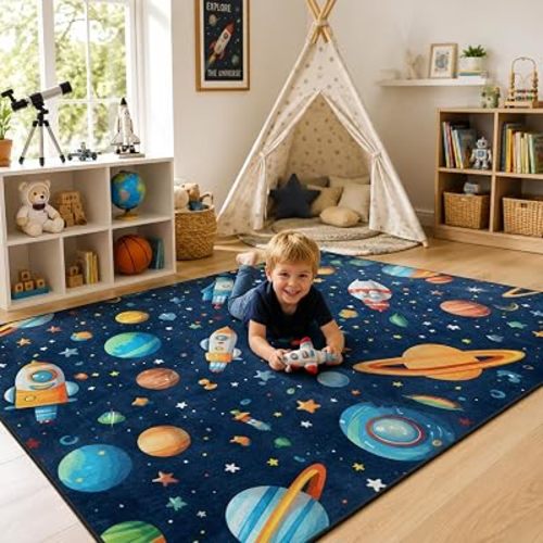 5x7 Ft Space Rugs for Kids Bedroom, Space Playmat Kids Carpet with Rubber Backing, Colorful Cartoon Outer Space, Planet, Rocket, Spaceship Play Mat Rugs for Playroom Living Room- Blue