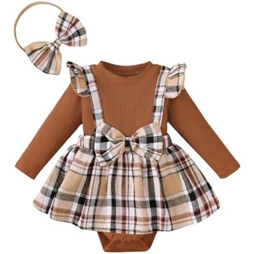 Baby Girl Clothes Sets: 2 Piece Long Sleeve Top Plaid Romper with Headband Fall Winter Outfit for Infant 0-24 Months