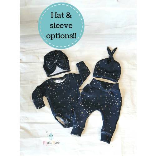 Handmade Celestial Baby Outfit: Black & Gold Stars, Cotton Blend