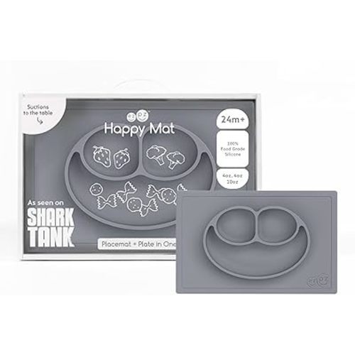 ezpz Happy Mat (Gray) - 24 Months+ - 100% Silicone Suction Placemat + Divided Plate with Three Compartments - Toddler + Preschool Essentials