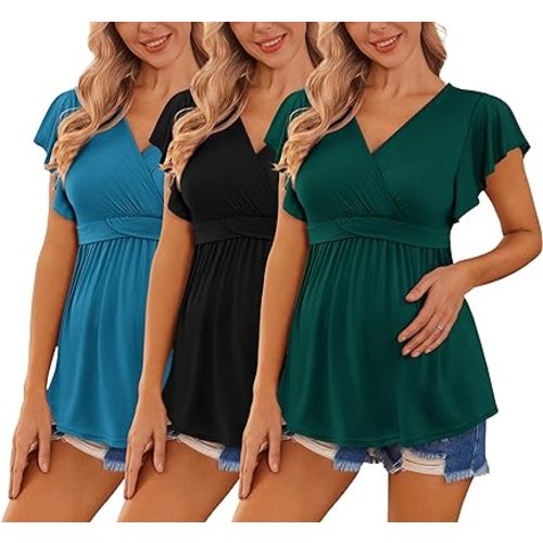 Ekouaer - Camisetas de maternidad de manga corta, para lactancia, paquete de 3, ropa para el embarazo