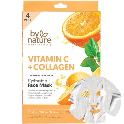 By Nature Vitamin C + Collagen Sheet Face Mask with Vitamin E – Firming, Anti-Aging Facial Treatment for Radiance, Elasticity & Hydration – Skincare for Pre-Event Glow & All Skin Types – Pack of 4