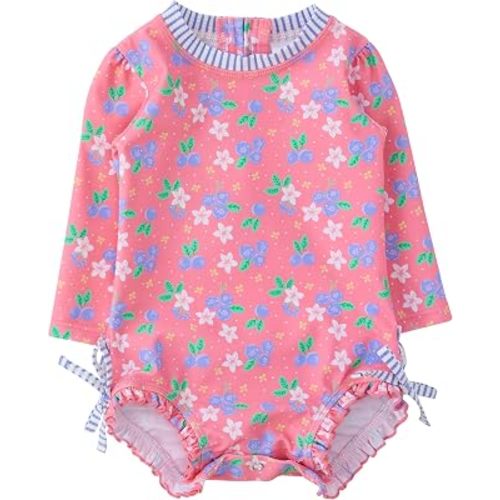 RuffleButts Baby Girls UPF 50+ Sun Protection Floral Printed Long Sleeve One Piece Rash Guard Swimsuit with Zipper