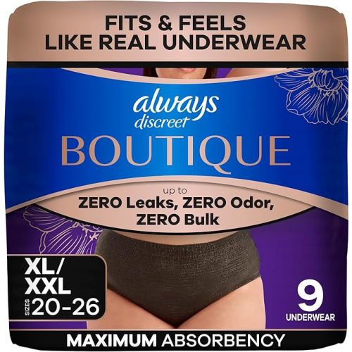 Always Discreet Boutique Incontinence and Postpartum Underwear for Women, Maximum Protection, Extra Large, Black, 9 Count