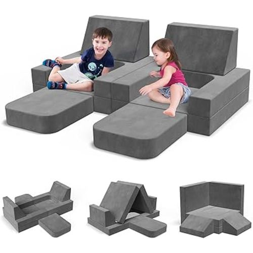 Modular Kids Play Couch Convertible - Toddler & Child Sofa DIY Creativing Play Couch for Playroom Bedroom Nursery Freely Removable Versatile Fold Kids Sofa for Playing, Creativity, Sleeping