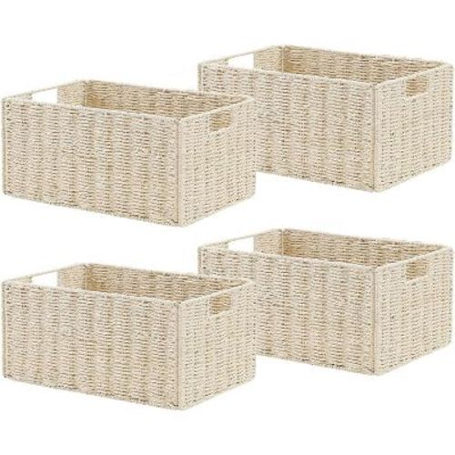 4 Pack Storage Baskets,Storage Bins,Weaving Storage with Handle,Foldable Woven Basket for Shelves,Bathroom,Bedroom,Laundry,Pantry,beige