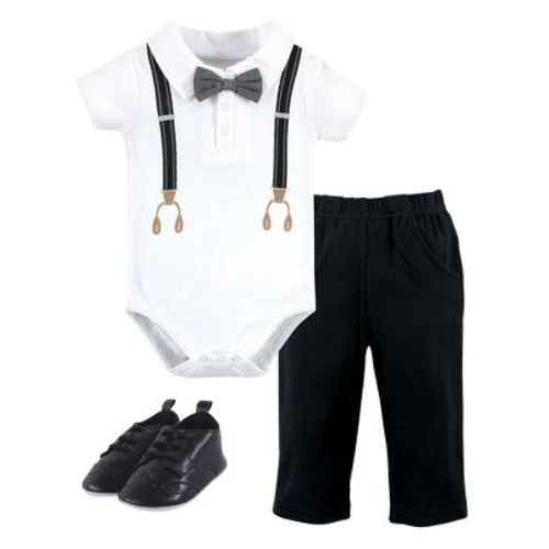 Little Treasure Baby Boys Cotton Bodysuit, Pant and Shoe 3pc Set, Black Brown Suspenders, 9-12 Months