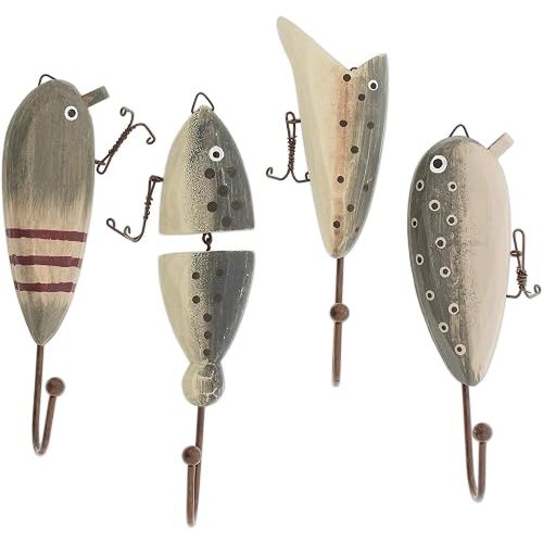 Wooden Fish Lure Wall Hooks, Set of 4, Green, Brown, 7H x 2W | Hand-Painted Fishing Coat, Towel, or Key Hooks for Cabin or Lakehouse