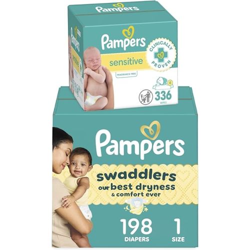 Pampers Swaddlers Disposable Baby Diapers Size 1, 198 Count with Sensitive Water Based Baby Wipes 4X Pop-Top Packs (336 Count)