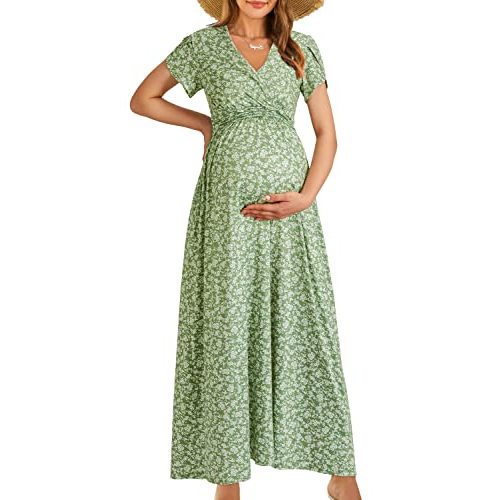 OUGES Maternity Maxi Dress Wrap V Neck Baby Shower Pregnancy Dresses for Photoshoot