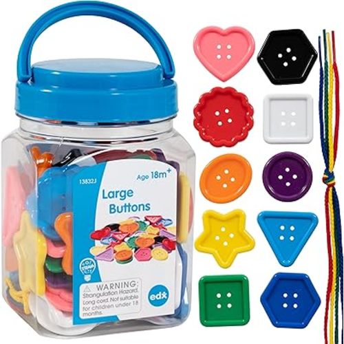 Edx Education - 13832 Large Buttons - Mini Jar - Lacing Activity - Sensory and Fine Motor Skill Development - Math Manipulative