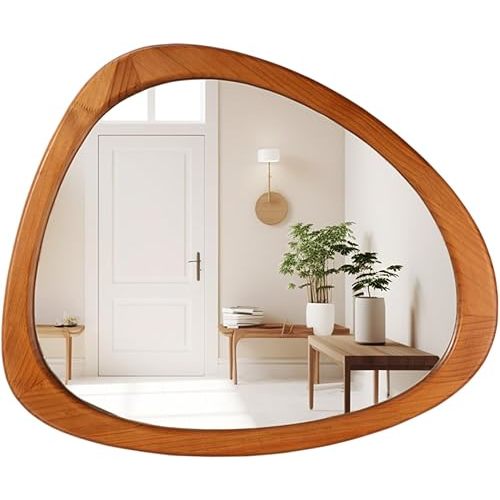 HOMECOOKIN Asymmetrical Mirror Wood, 23.5" x 19" Irregular Wall Mirror Wood Framed Mirror Decor for Bathroom Living Room Bedroom Entryway