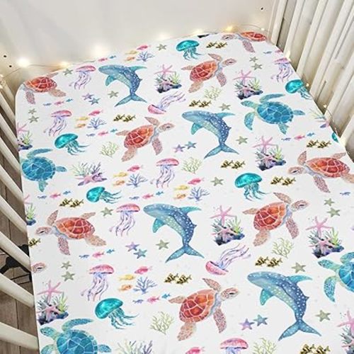 Fantasy Sea Animals Baby Crib Sheets for Boy Girl 28"x52" Turtle Whale Jellyfish Corals Soft Stretchy Fitted Crib Mattress Covers Nautical Marine Baby Sheet for Standard Crib & Toddler Bed Mattress