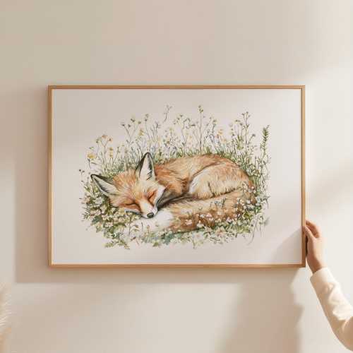 Woodland Fox Nursery Wall Art Woodland Animal Nursery Cottagecore Baby Room Rustic Forest Nursery Floral Art Sage Green Nursery LAN11-A1